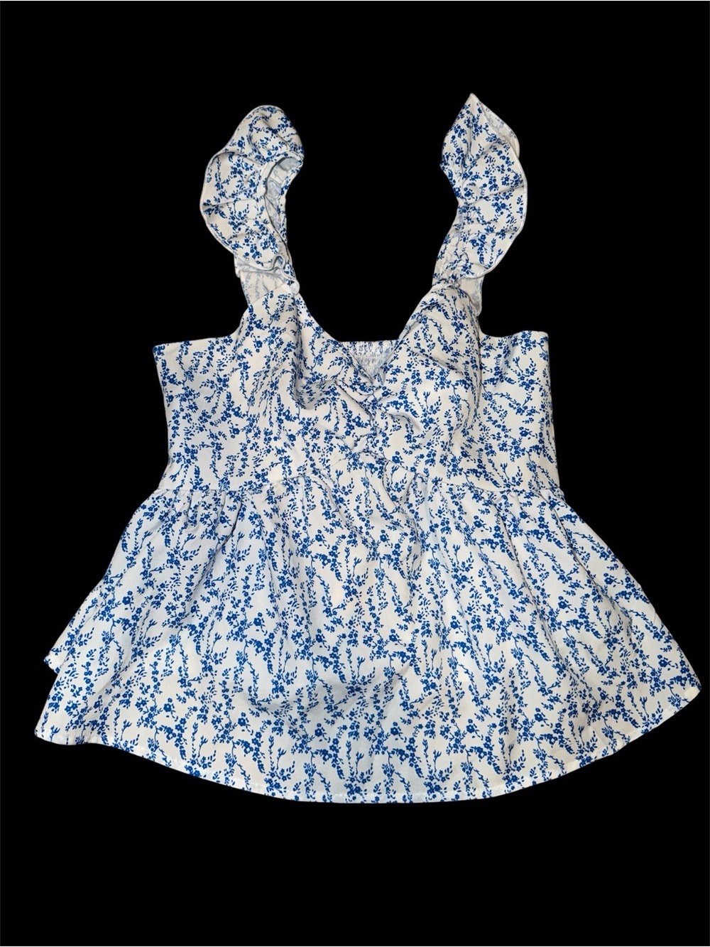 SHEIN White & Blue Floral Ruffle Strap Peplum Cami